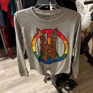 On Fire Gray Long Sleeve Tee with Rainbow Peace Graphic